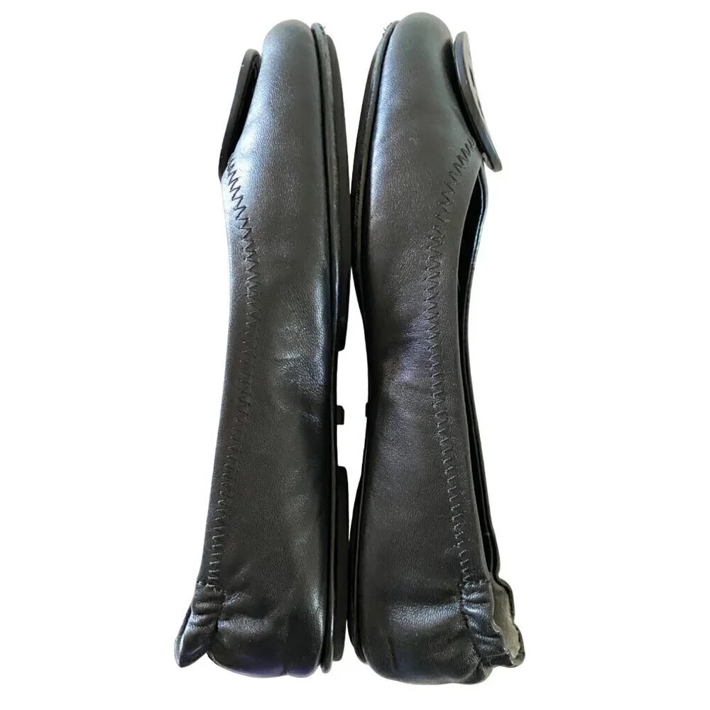 Tory Burch Minnie Travel Ballet Flats 6.5 Black Napa Leather Logo Shoes‎